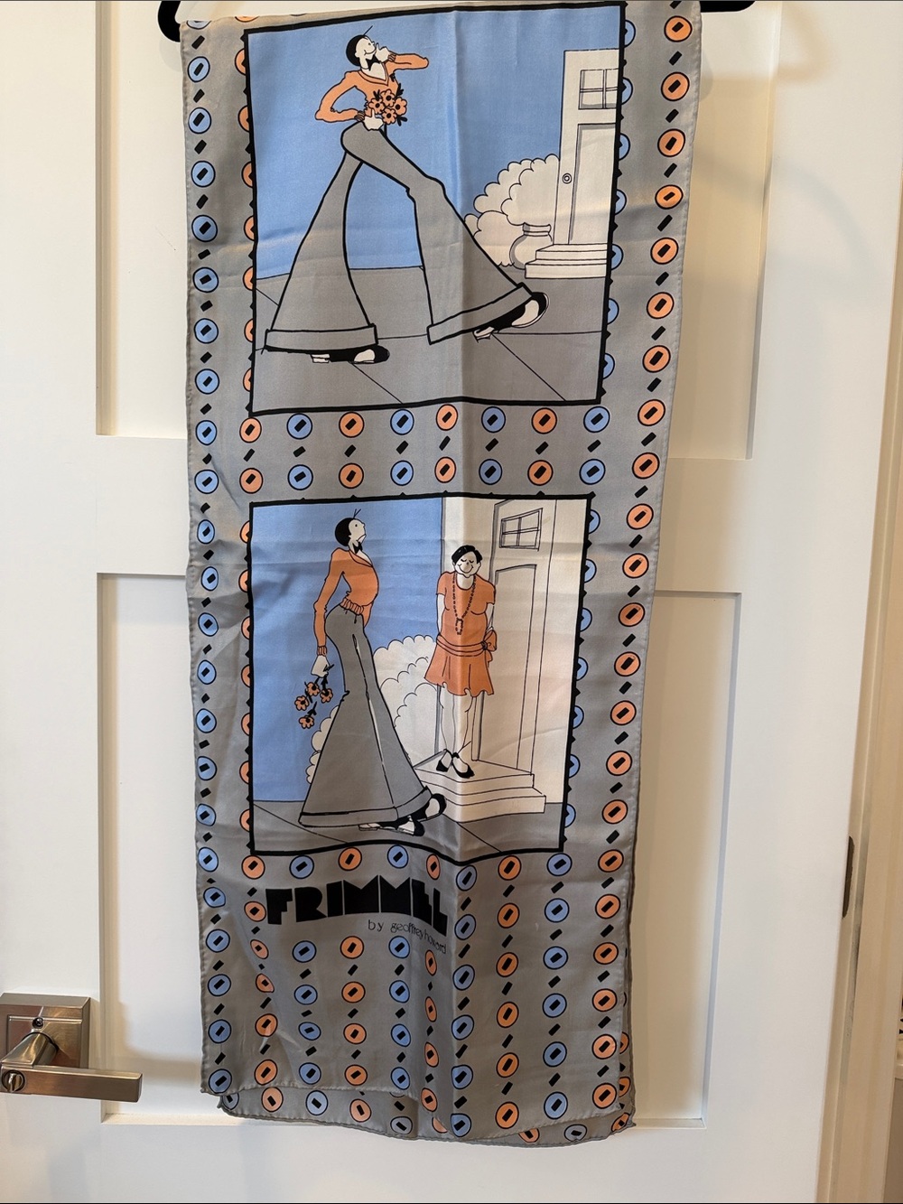 Vintage Fashion Print Scarf - Blue & Peach Silk Oblong